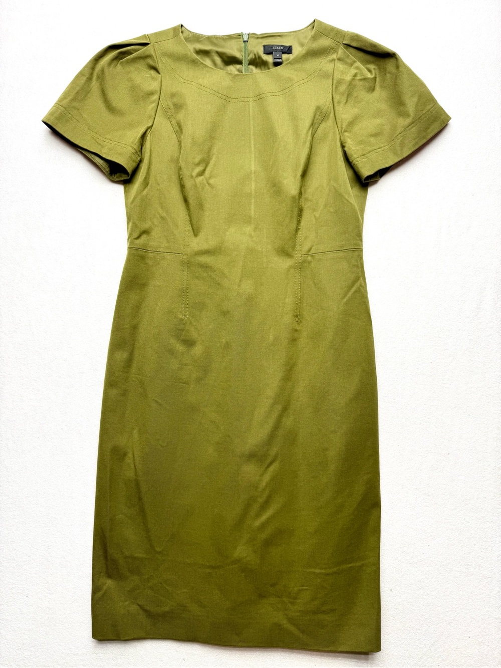 J. Crew Olive Puff-Sleeve Midi Sheath Dress